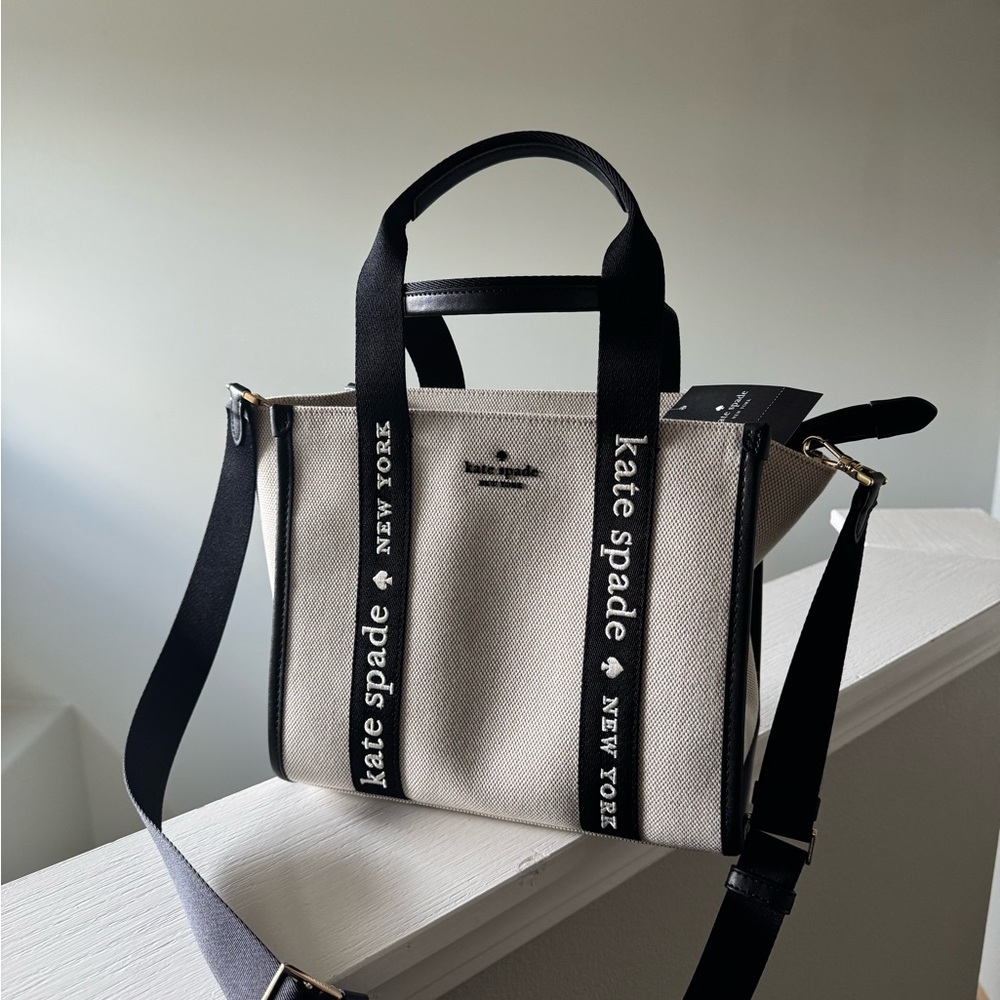 kate spade Cream Canvas Tote with Black Logo Straps